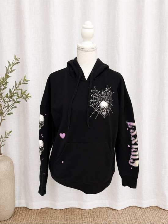 swixxz Sweaters - Black Crewneck Hoodie Sweater with Skull & Web Graphic and Pink Accents